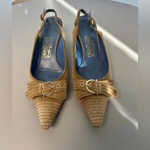 Salvatore Ferragamo Brown Suede Pointed Slingback Pumps with Buckle